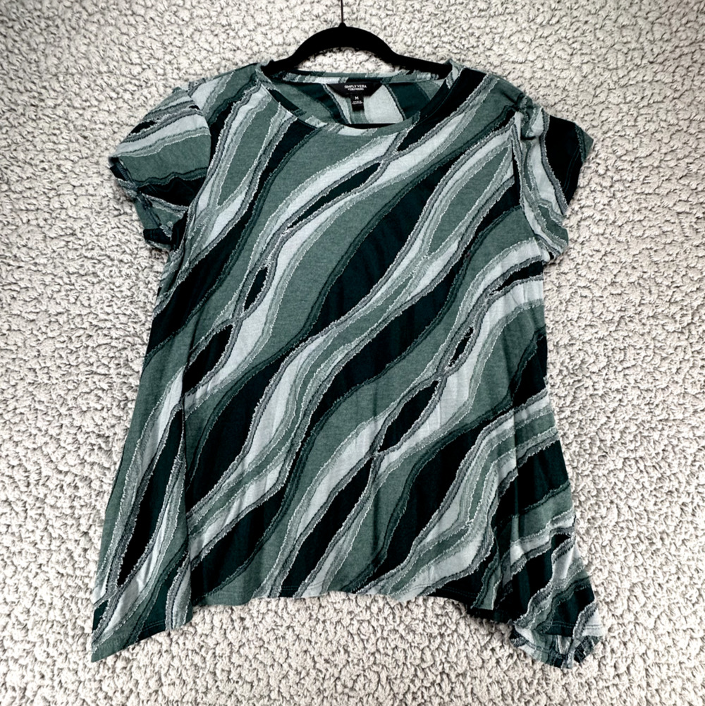 Simply Vera Wang Asymetrical Top Womens Medium Green Frayed Sheer Quilted Top